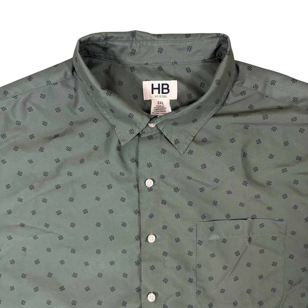 HB Fit by DXL Button Up Shirt 3XL Green Geometric Short Sleeve Pocket